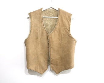 vintage 1960s 70s sherpa lined LEATHER tan brown fitted cowboy vest -- size medium -- made in the USA