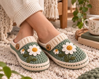 Può includere: Un paio di pantofole all'uncinetto color verde salvia con un motivo a margherita bianca con centro giallo, un polsino a coste color crema e un piccolo bottone in legno marrone sul lato di ogni pantofola. Le pantofole hanno un aspetto lavorato.