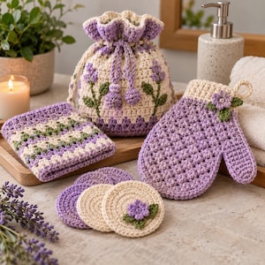 Crochet Spa Set Pattern, Bath Accessories PDF, Face Scrubbies Washcloth Bath Mitt & Drawstring Bag Crochet Pattern