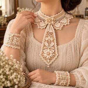 Op de afbeelding: Een crèmekleurige gehaakte kanten kraagketting met een lang, puntig, stropdasachtig hangertje met bloemmotieven en kleine parelaccenten. De set bevat bijpassende brede gehaakte kanten polsmanchetten, elk versierd met centrale bloempatronen en parels.