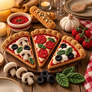 May include: Three crochet pizza slices on a wooden board, featuring toppings like mushrooms, black olives, tomatoes, and basil. The set includes a crochet bowl of red sauce, breadsticks, a white garlic bulb, and loose crochet mushrooms, olives, and basil leaves.