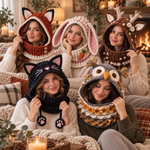 May include: Five crochet animal-themed hooded cowls featuring a fox with ears, a rabbit with long ears and a carrot, a deer with antlers and flowers, a black cat with pink ears and paw-print tassels, and an owl with large eyes and feathers.