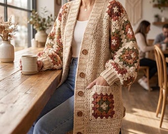 Może przedstawiać: Beżowy, szydełkowany kardigan z długimi rękawami, ozdobiony wzorem granny square w odcieniach brązu, zieleni i kremu. Odzież posiada dekolt w serek, zapięcie na pięć brązowych guzików oraz dwie naszywane kieszenie z pasującymi motywami kwadratów.