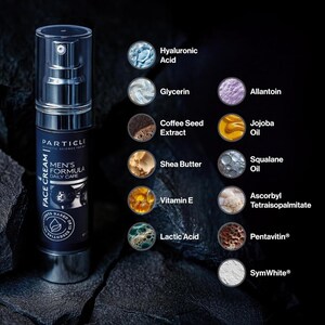 Puede incluir: Un frasco azul oscuro de crema facial Particle Men's Formula con tapa transparente. La etiqueta enumera ingredientes como &aacute;cido hialur&oacute;nico, vitamina E y manteca de karit&eacute;. El fondo es oscuro con ilustraciones de ingredientes.