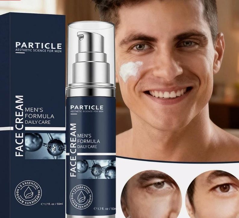Puede incluir: Una caja y un frasco azul oscuro de Particle Men's Formula Daily Care Face Cream. El frasco tiene una bomba plateada y una tapa transparente. La caja y el frasco tienen texto blanco que dice "Particle Aesthetic Science for Men" y "Face Cream". El frasco contiene 50 ml.