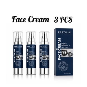 May include: Three face cream bottles and a box are displayed against a white background. The bottles are silver and navy blue, with the words "Face Cream" and "Men's Formula Daily Care" printed on them. The box has the same design and text.