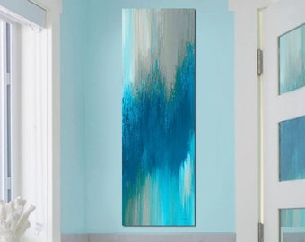 Turquoise blue & green tall vertical wall art canvas, Abstract wall decor for staircase, kitchen or bathroom pictures