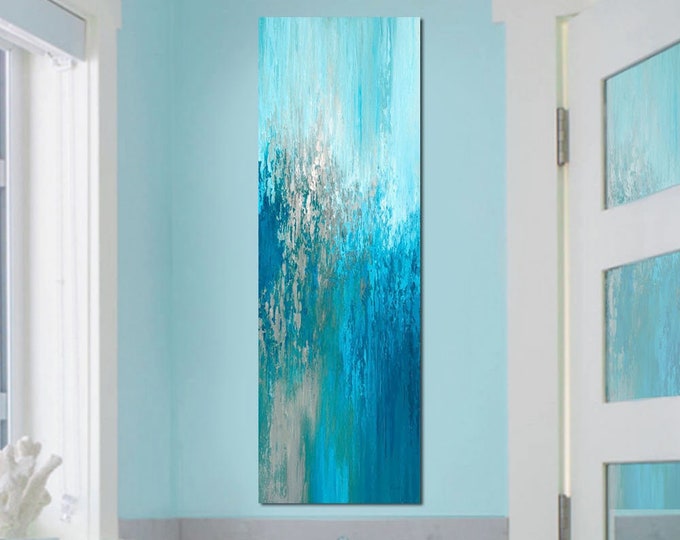 Abstract Wall Art Canvas Print, Tall Vertical Turquoise Blue & Taupe