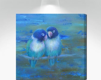 Lovebirds painting canvas wall art, Brown teal navy blue master bedroom wall decor, Above bed art, Bathroom or laundry room bird pictures