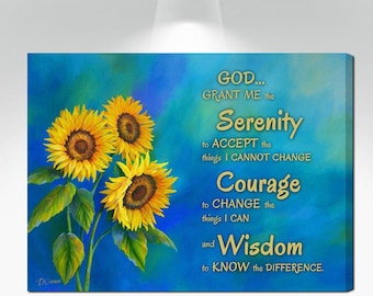 Serenity Prayer wall art, Canvas sunflower painting - Kitchen wall decor, Laundry room pictures, bathroom artwork, entry way or foyer print