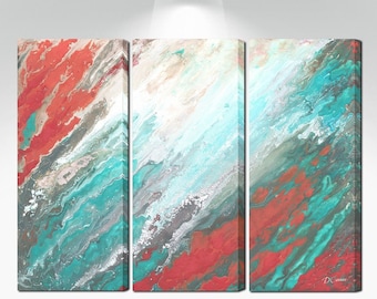Large pictures, 3 piece wall art canvas abstract, Orange teal coral & aqua bedroom wall decor above bed art, Three panel triptych painting