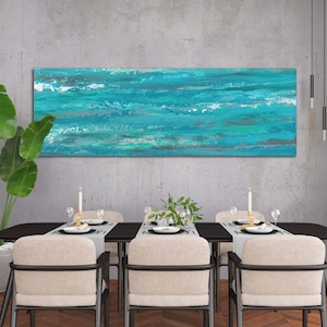 Gray and teal panoramic canvas wall art / Wide coastal artwork for bedroom decor above bed, over couch, or dining living room pictures