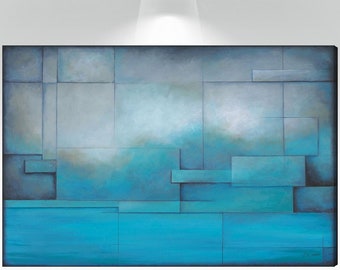 Original abstract landscape painting, Teal blue aqua gray & black, Canvas wall art above couch, decor above bed, art for bachelor pad decor