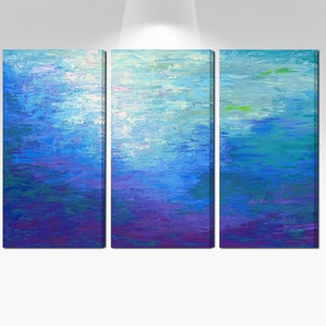 Blue & purple abstract 3 piece wall art canvas, Triptych print set - Living room wall decor, dining room pictures, bedroom artwork