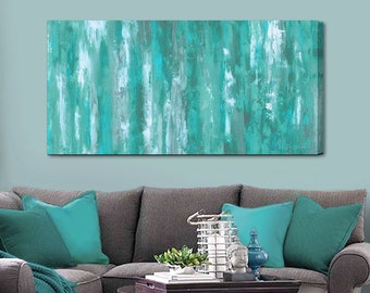 Gray green & teal wall art canvas abstract, Bedroom wall decor over bed, Art pictures for living dining room wall decor, Horizontal artwork