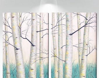 Large wall art - canvas print set of Aspen Birch tree painting, Two piece diptych, Aqua grey yellow & teal wall art 2 pictures