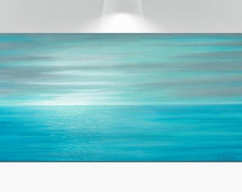 Aqua blue gray and teal sunset painting original canvas wall art, Coastal beach decor above bed, over couch or dining living room picture