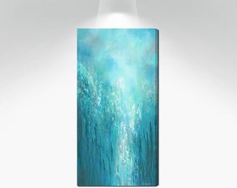 Vertical extra large wall art canvas abstract, Tall narrow turquoise blue gray teal bedroom decor, Bathroom pictures, Office lobby painting
