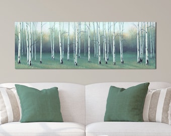 Long horizontal wall art - canvas print of panoramic tree painting, Aspen Birch tree picture, Neutral green gray