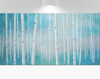Aspen trees birch tree pictures, Large teal blue white & gray tree painting canvas wall art, Living dining room wall decor, Above bed art