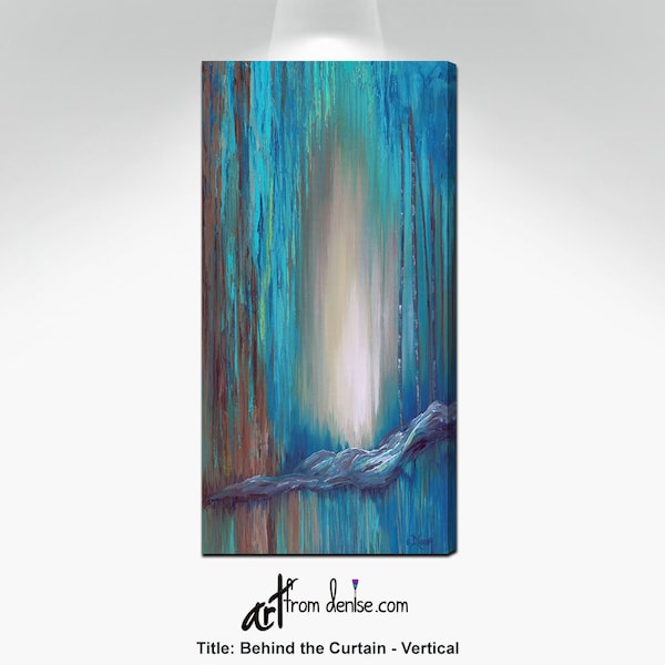 Turquoise blue, brown and teal vertical wall art, Canvas abstract for tall narrow walls, Rustic modern or masculine decor