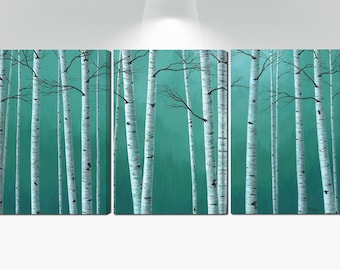 Teal green aspen trees birch tree pictures, Large 3 piece canvas wall art - living room wall decor, above bed art, dining room artwork