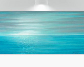 Coastal wall art ocean sunrise canvas, Teal gray blue aqua, Large horizontal abstract sea print, Bedroom wall art beach decor