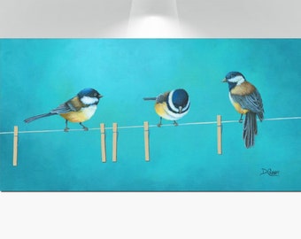 Laundry room pictures, Teal yellow gray & aqua blue canvas wall art laundry room decor, Chickadees painting - birds on a wire