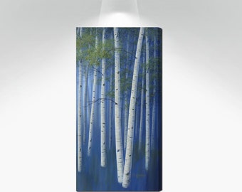 Narrow wall art - Aspen trees painting - Tall vertical canvas artwork, Olive green, navy blue & white aspen or birch trees decor