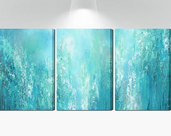 Large multi panel 3 piece teal wall art, Canvas abstract print set of three, Aqua blue gray & teal bedroom wall decor above bed art triptych