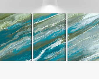 Triptych painting, Large 3 piece wall art canvas abstract, Blue & green dining room pictures, Living room wall decor, Above bed art work