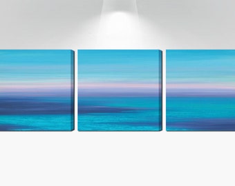 Beachy picture, 3 piece wall art canvas abstract, Ocean sunset triptych, Navy blue purple beach dining living room wall decor, above bed art