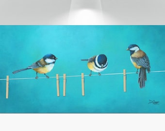Birds on a clothesline canvas wall art - Bathroom decor, laundry room pictures - Teal blue aqua gray & yellow chickadees painting