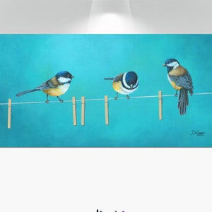 Birds on a clothesline canvas wall art Bathroom decor, laundry room pictures Teal blue aqua gray & yellow chickadees painting image 1