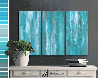 Large triptych abstract, 3 piece wall art canvas, Gray & teal wall art above bed, Decor over couch, sectional, Wall pictures for dining room