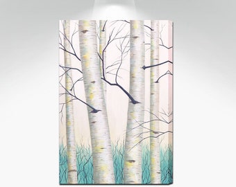 Large tree pictures, Vertical wall art canvas print of Aspen Birch tree landscape painting, Aqua yellow & teal wall art work