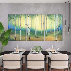 Aspen trees triptych, 3 piece wall art canvas set, Yellow blue & green birch tree painting, Large pictures for living dining room or office