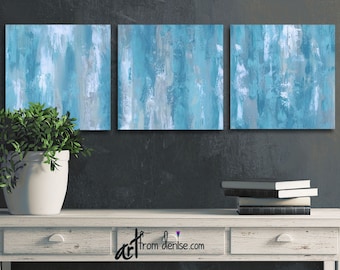 Gray & blue abstract triptych painting, 3 piece wall art canvas print set, art above bed, Decor over couch or dining room wall decor