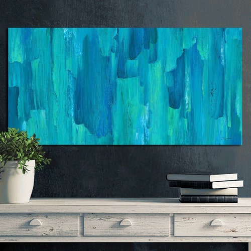 Teal Navy Blue Green Wall Art Canvas Abstract Living Room Etsy
