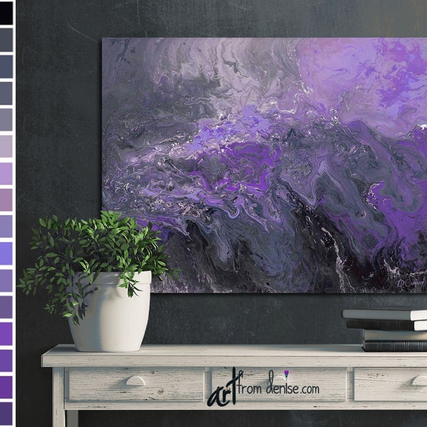 Abstract canvas wall art - Purple plum grey & black bedroom wall decor above bed, art over couch, or bathroom pictures - Large artwork