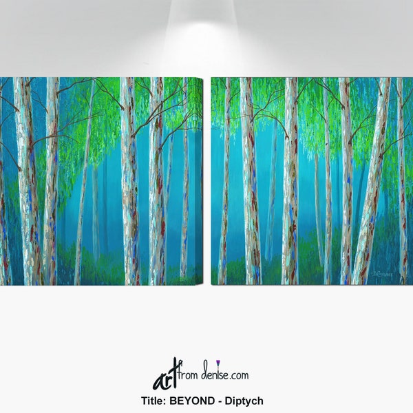 Aspen trees painting canvas wall art diptych, Birch tree pictures, Turquoise blue & green dining or living room wall decor, above bed art