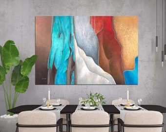 Southwestern art decor, Large wall art canvas abstract artwork, Turquoise red & teal picture for bedroom, dining living room or office