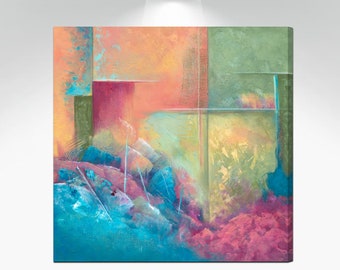 Square abstract painting, Colorful pictures for bedroom wall decor above bed, girls dorm room, bathroom, dining or laundry room artwork