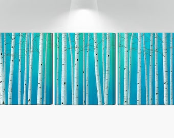 Aspen birch tree pictures, Large 3 piece wall art, Canvas set of three, Blue dining room pictures, Living room wall decor, Over bed art work