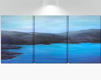 Coastal wall art ocean painting, Blue gray black purple, 3 panel canvas print set for men's bedroom or living room beach decor