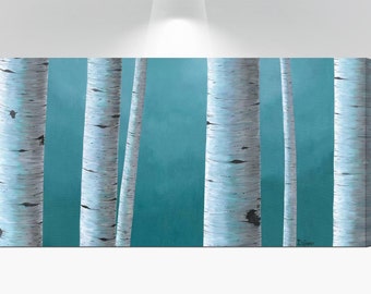 Aspen birch tree pictures canvas wall art, Large teal blue living room wall decor, dining room pictures, over bed bedroom artwork