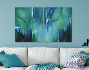 Large wall art, Teal blue green navy violet, Original abstract paintings, Two piece canvas set