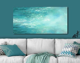 Teal aqua abstract canvas art,Turquoise blue green, Large coastal wall art beach decor, Horizontal print