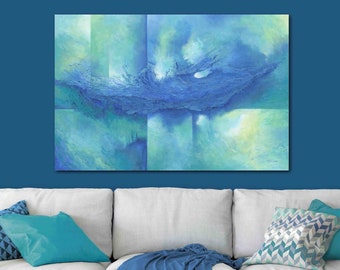 Original abstract painting, Cobalt blue, teal, lime green & white canvas wall art / Above bed decor, over couch, or office art work