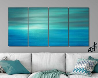 Sunset ocean abstract canvas art, Teal & gray wall art for living room, Turquoise aqua blue, Coastal beach decor, Multi panel 4 piece set